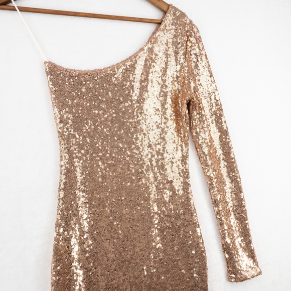 Fashion Nova Dress Small Rose Gold Sequin One Shoulder Midi Side Slit Sexy - Picture 2 of 15